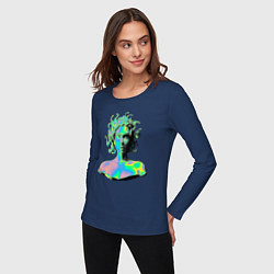 Лонгслив хлопковый женский Gorgon Medusa Vaporwave Neon, цвет: тёмно-синий — фото 2