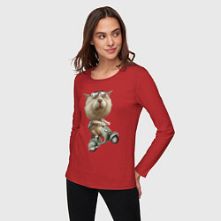 Лонгслив хлопковый женский Крутой котяра на скутере, цвет: красный — фото 2