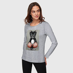 Лонгслив хлопковый женский Крутой котяра в боксёрских перчатках Cool cat in b, цвет: меланж — фото 2