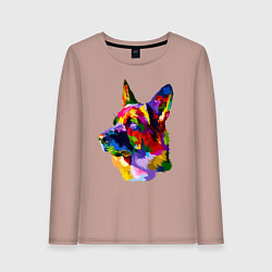 Лонгслив хлопковый женский Немецкие овчарки красочная голова, цвет: пыльно-розовый