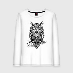 Лонгслив хлопковый женский Черная сова в узорах, цвет: белый