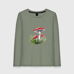 Лонгслив хлопковый женский Мухоморы в траве, цвет: авокадо