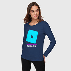 Лонгслив хлопковый женский Символ Roblox в неоновых цветах, цвет: тёмно-синий — фото 2
