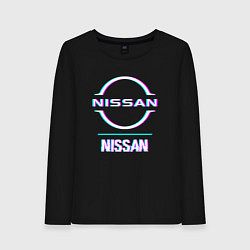 Лонгслив хлопковый женский Значок Nissan в стиле glitch, цвет: черный
