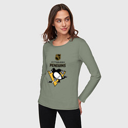 Лонгслив хлопковый женский Питтсбург Пингвинз НХЛ логотип, цвет: авокадо — фото 2
