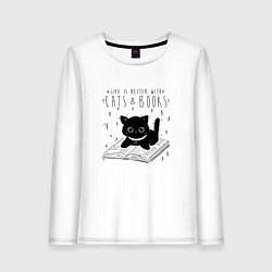 Лонгслив хлопковый женский Life is better with cats and books, цвет: белый