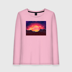 Лонгслив хлопковый женский 3D неоновые горы на закате, цвет: светло-розовый