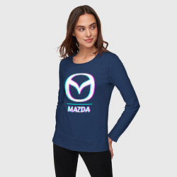 Лонгслив хлопковый женский Значок Mazda в стиле glitch, цвет: тёмно-синий — фото 2