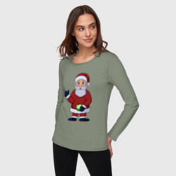 Лонгслив хлопковый женский Дед Мороз с елочной игрушкой, цвет: авокадо — фото 2