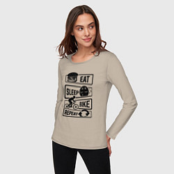 Лонгслив хлопковый женский Eat sleep bike repeat art, цвет: миндальный — фото 2