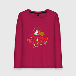 Лонгслив хлопковый женский С Новым годом - Дед Мороз, олень и зайчик - символ, цвет: маджента