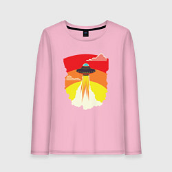 Лонгслив хлопковый женский Ретро летающий корабль НЛО, цвет: светло-розовый