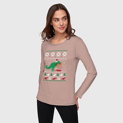 Лонгслив хлопковый женский Новогодний тирекс - ugly sweater, цвет: пыльно-розовый — фото 2