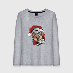 Лонгслив хлопковый женский Pug merry christmas, цвет: меланж