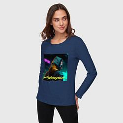 Лонгслив хлопковый женский Киберпанк, импланты, цвет: тёмно-синий — фото 2