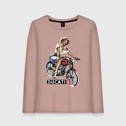 Лонгслив хлопковый женский Красивая девушка на мотоцикле Ducati - retro, цвет: пыльно-розовый