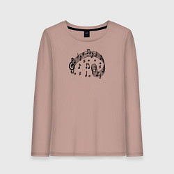 Лонгслив хлопковый женский Черные ноты и скрипичный ключ, цвет: пыльно-розовый