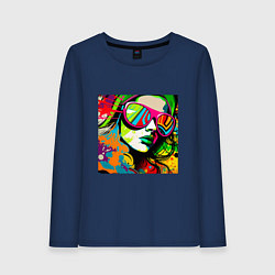 Лонгслив хлопковый женский Женское лицо в солнцезащитных очках, граффити поп, цвет: тёмно-синий