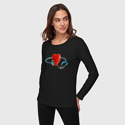 Лонгслив хлопковый женский Здоровое сердце - стетоскоп, цвет: черный — фото 2