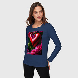 Лонгслив хлопковый женский Сердце с цветами, цвет: тёмно-синий — фото 2
