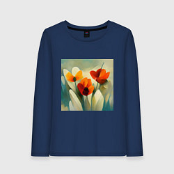 Лонгслив хлопковый женский Тюльпаны в стиле импрессионизм, цвет: тёмно-синий