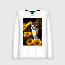 Лонгслив хлопковый женский Red cat in flowers, цвет: белый