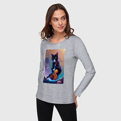 Лонгслив хлопковый женский Кот со скрипкой в космосе, цвет: меланж — фото 2