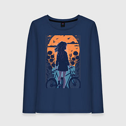 Лонгслив хлопковый женский Милая девушка с велосипедом с цветком, цвет: тёмно-синий
