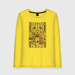 Лонгслив хлопковый женский Геометрические орнаменты с лошадками - мезенская р, цвет: желтый