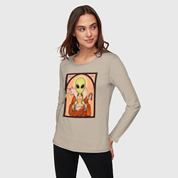Лонгслив хлопковый женский Пришелец с кошкой, цвет: миндальный — фото 2