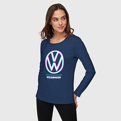 Лонгслив хлопковый женский Значок Volkswagen в стиле glitch, цвет: тёмно-синий — фото 2