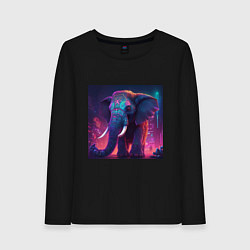 Лонгслив хлопковый женский Слон в неоновом городе, цвет: черный