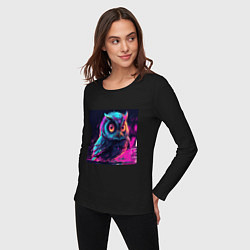 Лонгслив хлопковый женский Сова в неоновом свете, цвет: черный — фото 2