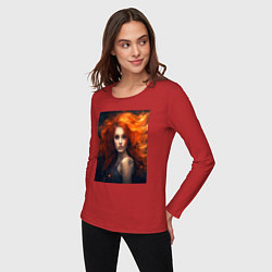 Лонгслив хлопковый женский Девушка с огненными волосами: создана нейросетью, цвет: красный — фото 2