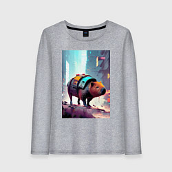 Лонгслив хлопковый женский Капибара в мегаполисе - киберпанк, цвет: меланж