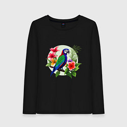 Лонгслив хлопковый женский Попугай среди цветов, цвет: черный