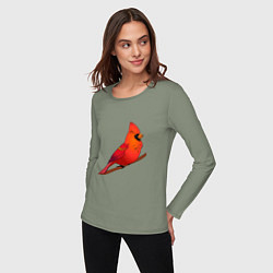 Лонгслив хлопковый женский Птица красный кардинал, цвет: авокадо — фото 2