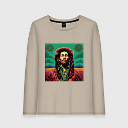 Лонгслив хлопковый женский Digital Art Bob Marley in the field, цвет: миндальный
