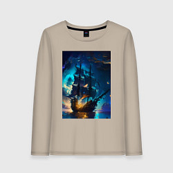 Лонгслив хлопковый женский Корабль в ночном море - нейросеть, цвет: миндальный