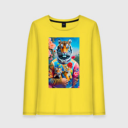 Лонгслив хлопковый женский Тигрица - космонавт с тигрятами - нейросеть, цвет: желтый