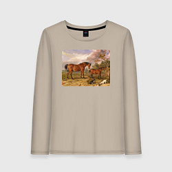 Лонгслив хлопковый женский Две лошади и две собаки, цвет: миндальный