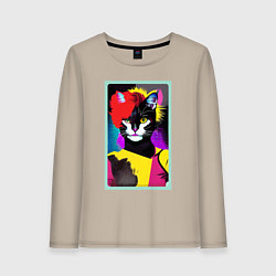 Лонгслив хлопковый женский Lady cat - pop art - neural network, цвет: миндальный