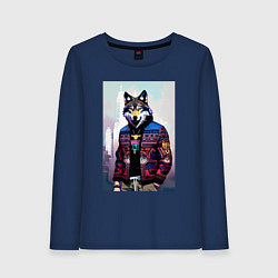 Лонгслив хлопковый женский Модный волчара - житель Нью-Йорка - нейросеть, цвет: тёмно-синий