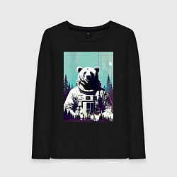 Лонгслив хлопковый женский Медведь в космическом скафандре - нейросеть, цвет: черный