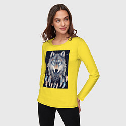 Лонгслив хлопковый женский Шаман волк, цвет: желтый — фото 2
