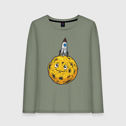 Лонгслив хлопковый женский Ракета на луне, цвет: авокадо