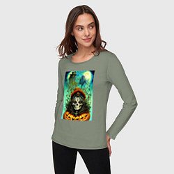 Лонгслив хлопковый женский Череп ведьмы - хэллоуин, цвет: авокадо — фото 2