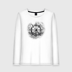 Лонгслив хлопковый женский Чб штурвал на фоне моря, цвет: белый