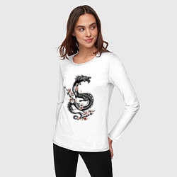 Лонгслив хлопковый женский Дракон с цветущей сакурой, цвет: белый — фото 2