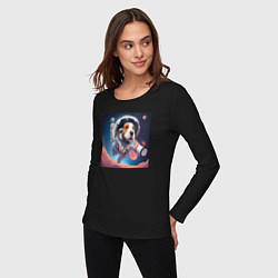 Лонгслив хлопковый женский Собака в космосе, цвет: черный — фото 2